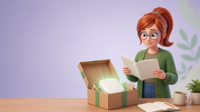 Esme stands at a desk reading a blank instruction booklet beside a new AI gadget glowing in an opened gift box, with a mug of tea and her notebook nearby.