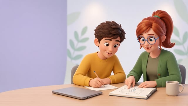 Dr Esme Morrison sits beside a young colleague who works a problem out by hand on paper, her notebook open and the laptop closed, with a mug of tea at her elbow.