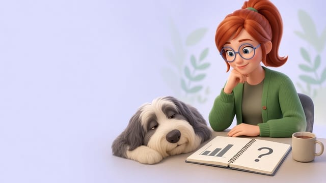 Esme studies a board pack with a missing bar on its chart, tea at hand, while Macy the bearded collie rests her head on the desk beside her.