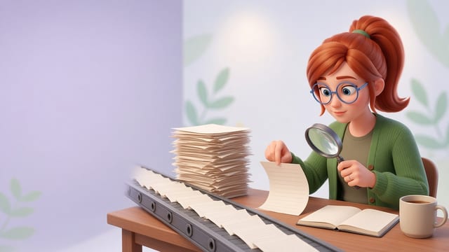 Dr Esme Morrison pauses at her desk to read an AI-produced document closely through a magnifying glass, while a conveyor belt of identical papers queues up beside her and her mug of tea.