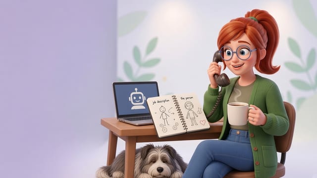 Esme, the ESMi character, in her green cardigan, thinking over a notebook
